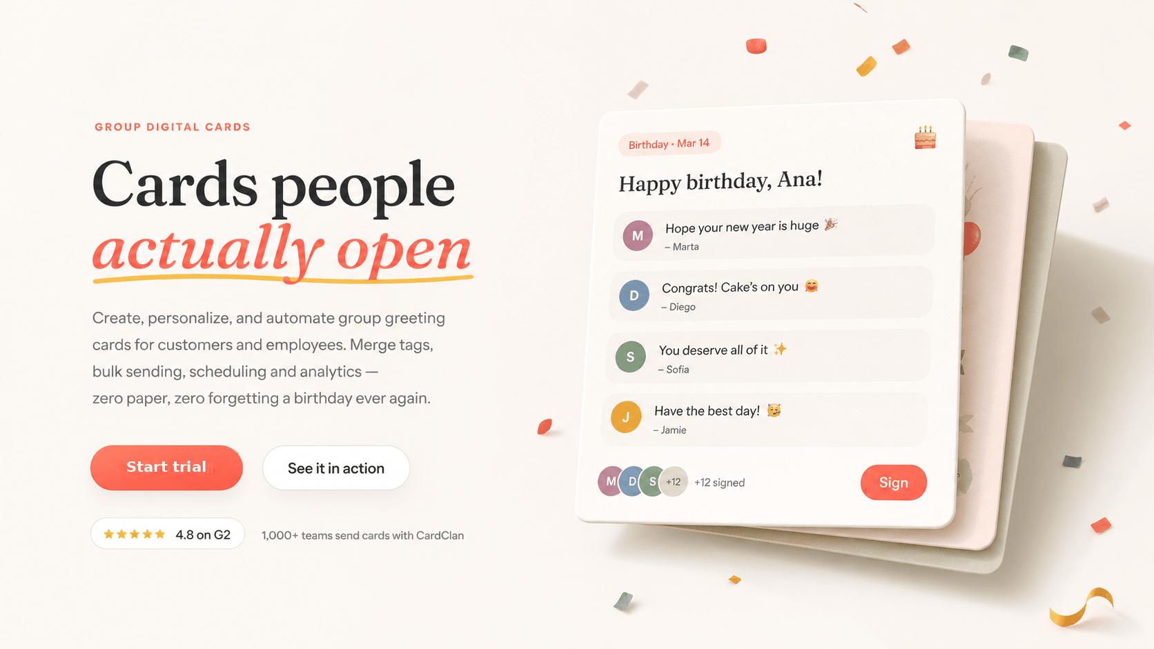 Cards people actually open — create, personalize and automate group greeting cards